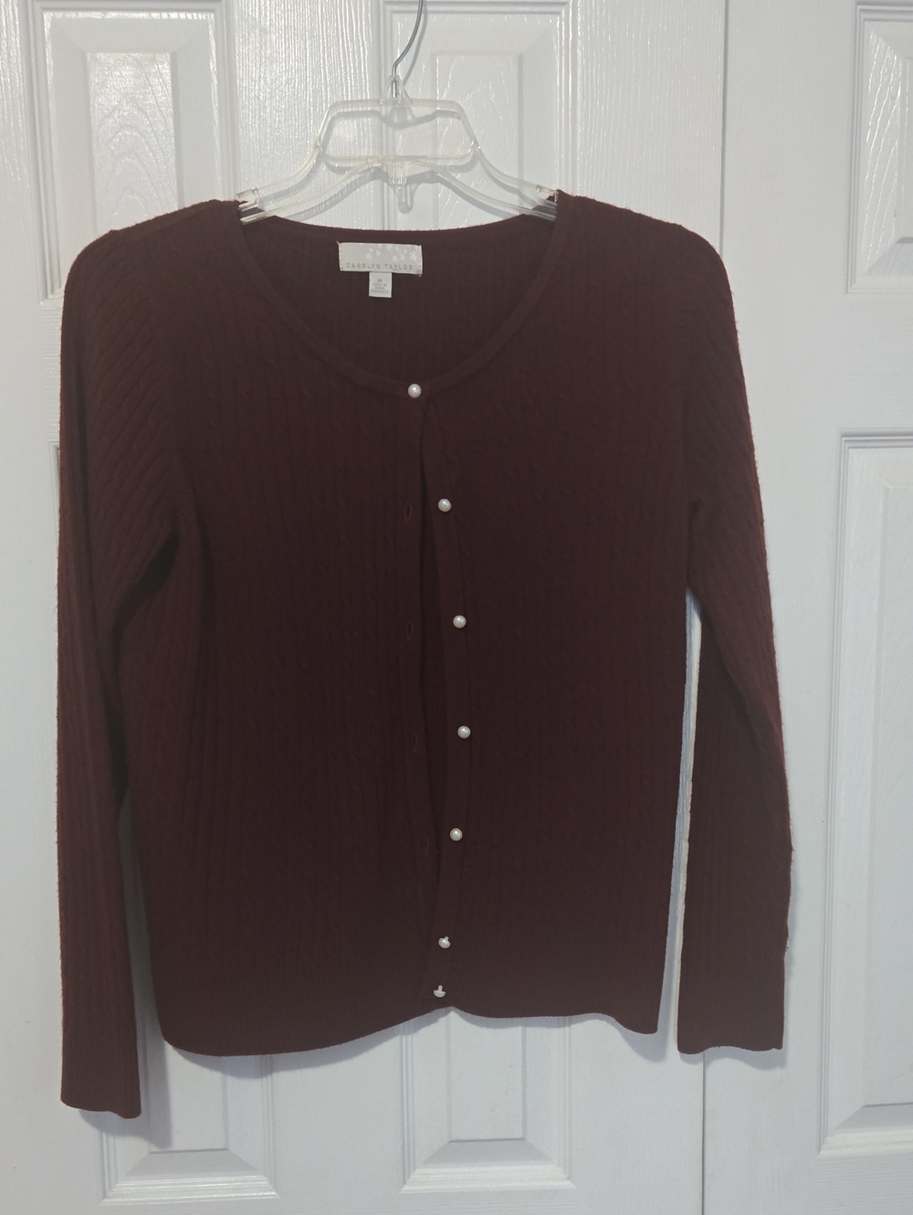 Carolyn Taylor Burgundy Faux Pearl-Button Cable Knit Cardigan M